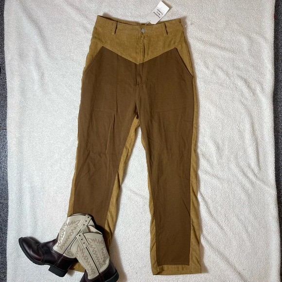 Highrise Straight Leg Western  Style Beige Corduroy Pants - Picture 7 of 11